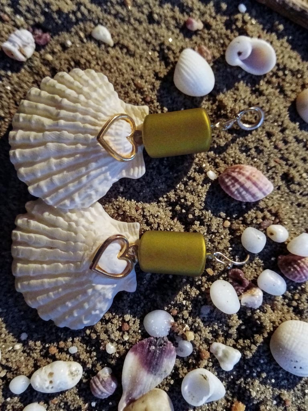 Polymer Clay Scallop Seashell And Gold Heart Drop Earrings